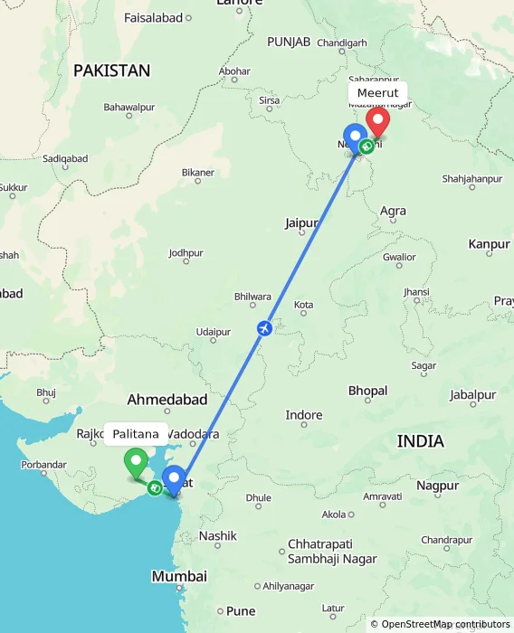Route map showing distance and travel time from Palitana, India to Meerut, India