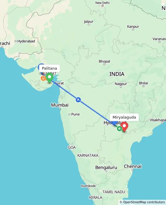Route map showing distance and travel time from Palitana, India to Miryalaguda, India