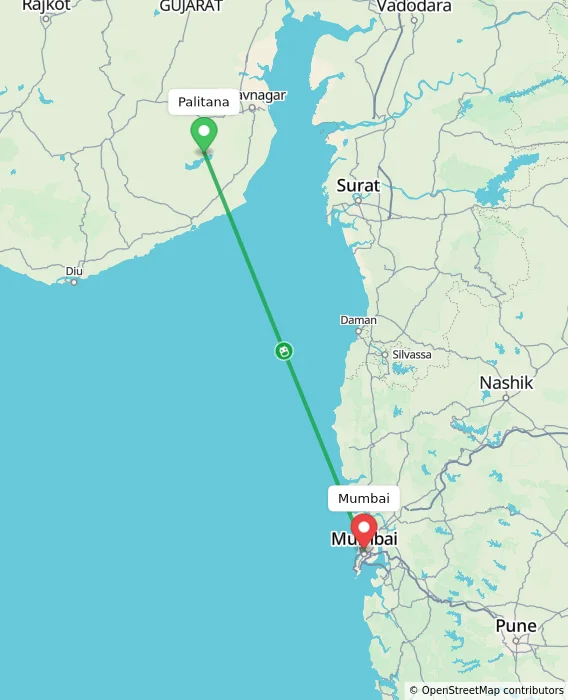Route map showing distance and travel time from Palitana, India to Mumbai, India