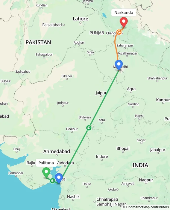 Route map showing distance and travel time from Palitana, India to Narkanda, India