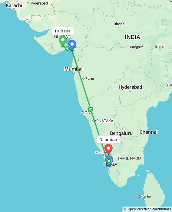 Route map showing distance and travel time from Palitana, India to Nilambur, India