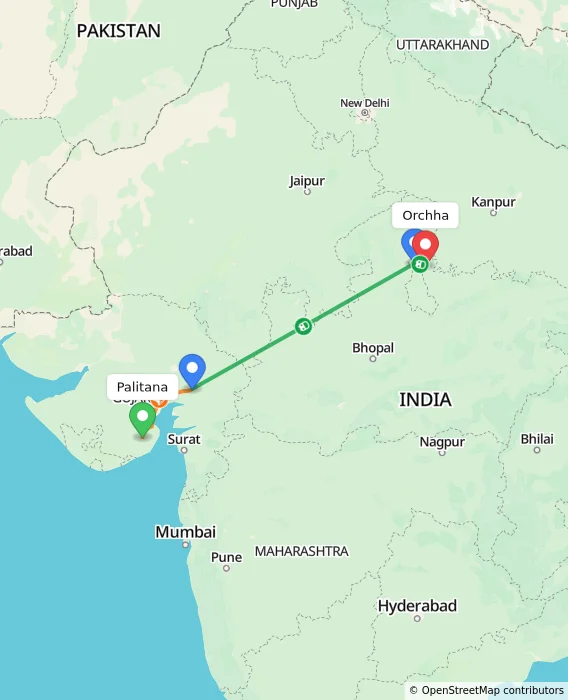 Route map showing distance and travel time from Palitana, India to Orchha, India
