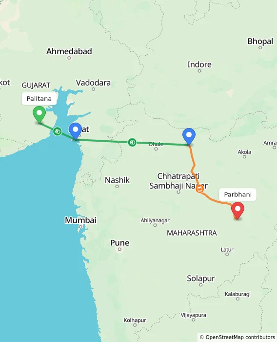 Route map showing distance and travel time from Palitana, India to Parbhani, India