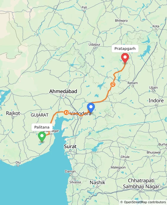Route map showing distance and travel time from Palitana, India to Pratapgarh, India