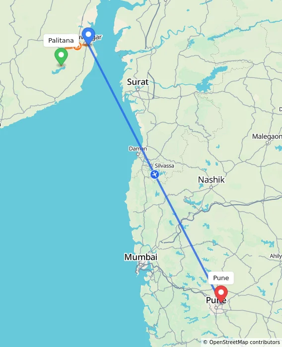 Route map showing distance and travel time from Palitana, India to Pune, India