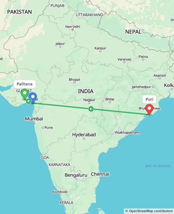 Route map showing distance and travel time from Palitana, India to Puri, India