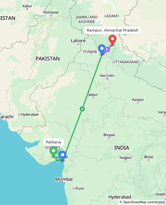 Route map showing distance and travel time from Palitana, India to Rampur, Himachal Pradesh, India