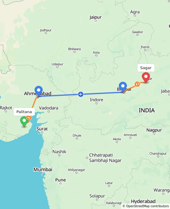 Route map showing distance and travel time from Palitana, India to Sagar, India
