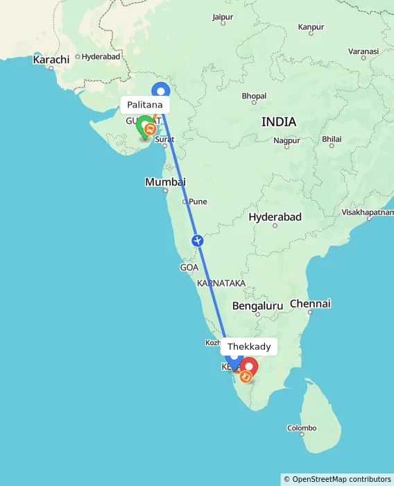 Route map showing distance and travel time from Palitana, India to Thekkady, India