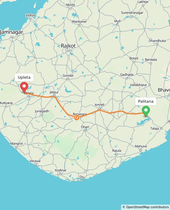 Route map showing distance and travel time from Palitana, India to Upleta, India
