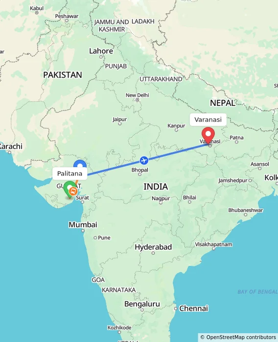 Route map showing distance and travel time from Palitana, India to Varanasi, India