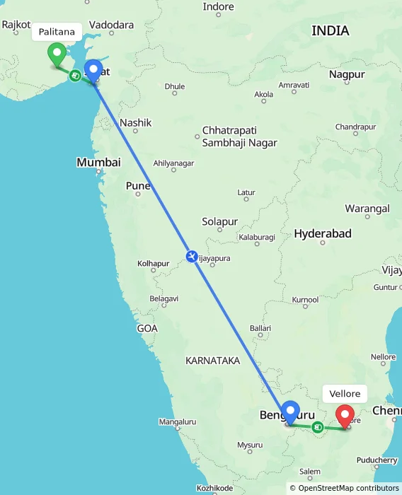 Route map showing distance and travel time from Palitana, India to Vellore, India