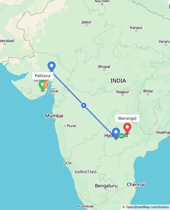 Route map showing distance and travel time from Palitana, India to Warangal, India