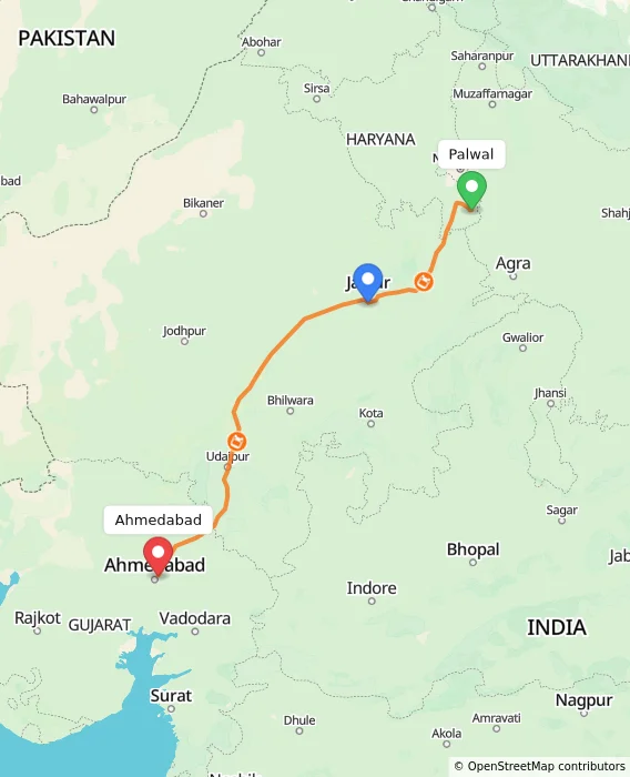 Route map showing distance and travel time from Palwal, India to Ahmedabad, India