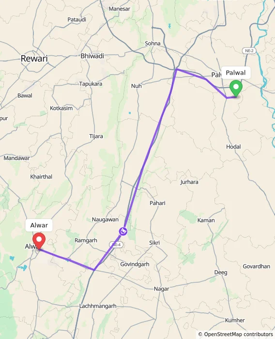 Route map showing distance and travel time from Palwal, India to Alwar, India