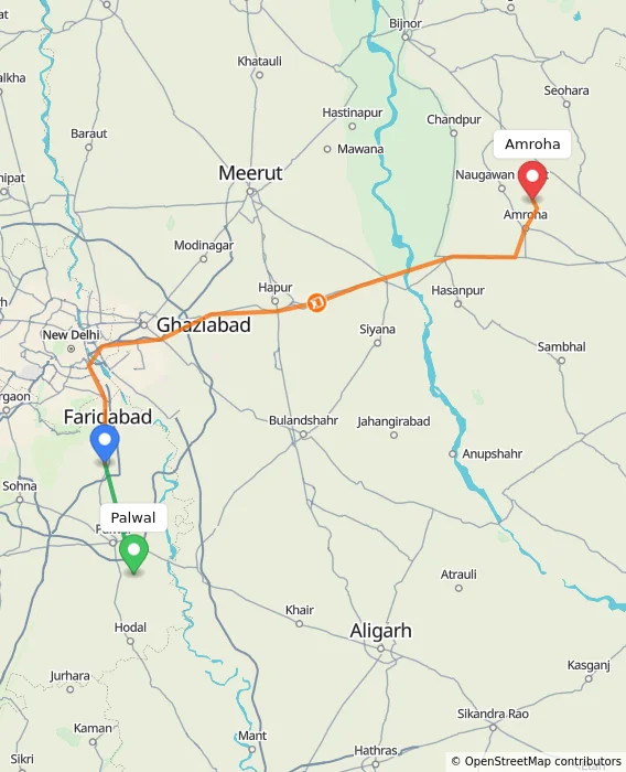 Route map showing distance and travel time from Palwal, India to Amroha, India