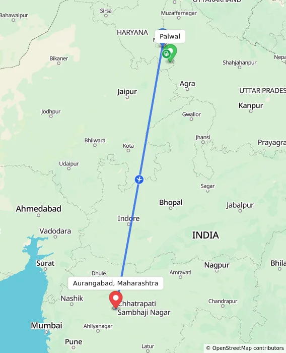 Route map showing distance and travel time from Palwal, India to Aurangabad, Maharashtra, India