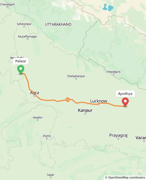 Route map showing distance and travel time from Palwal, India to Ayodhya, India