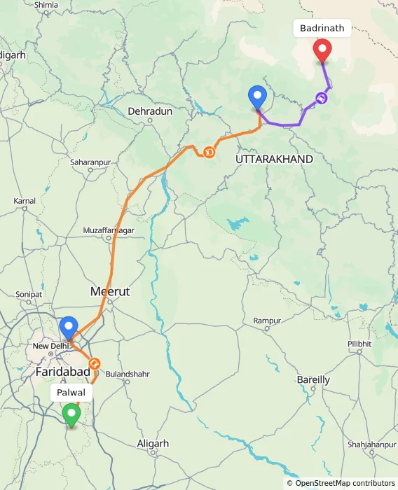 Route map showing distance and travel time from Palwal, India to Badrinath, India