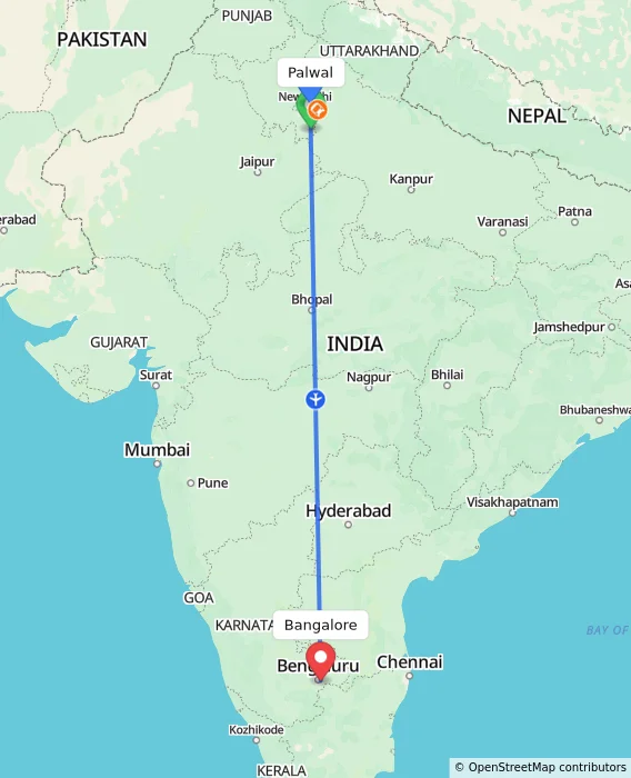 Route map showing distance and travel time from Palwal, India to Bangalore, India
