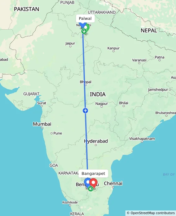 Route map showing distance and travel time from Palwal, India to Bangarapet, India