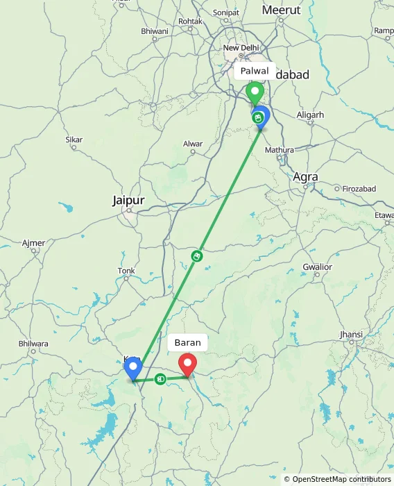 Route map showing distance and travel time from Palwal, India to Baran, India