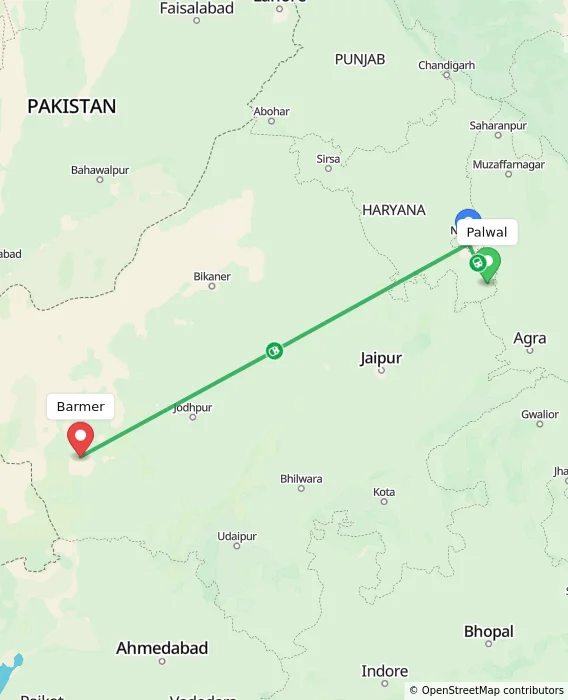 Route map showing distance and travel time from Palwal, India to Barmer, India