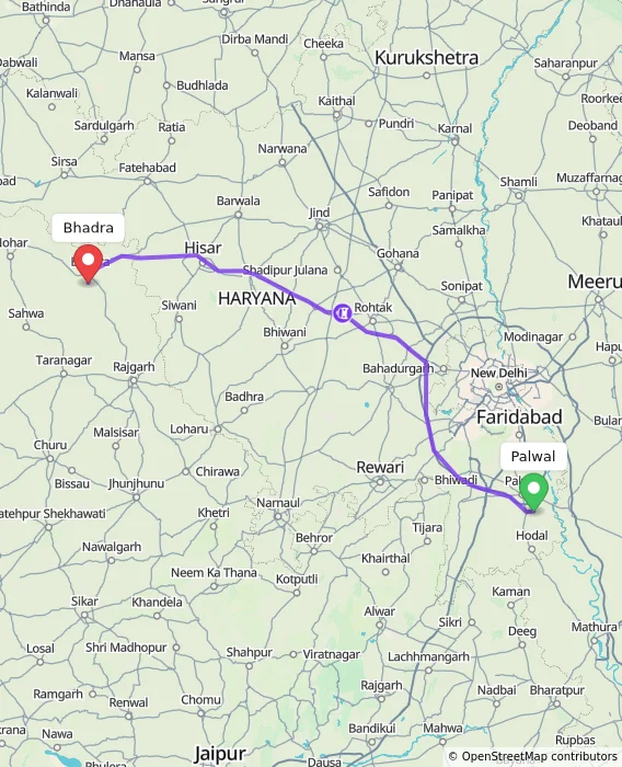 Route map showing distance and travel time from Palwal, India to Bhadra, India