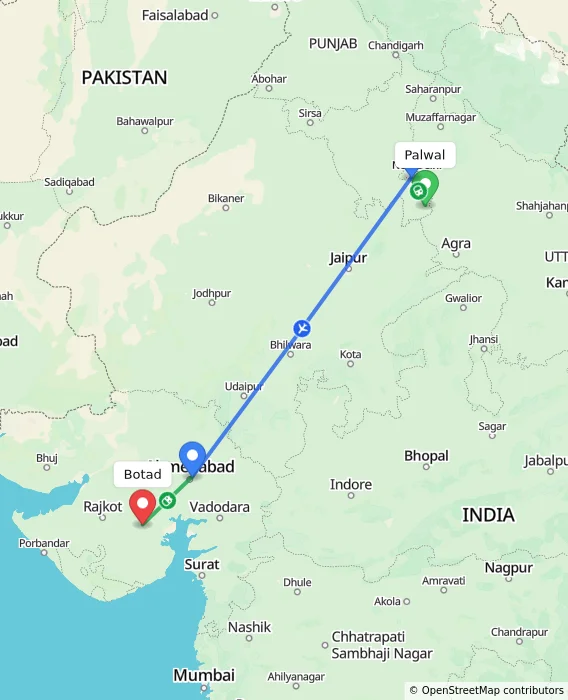 Route map showing distance and travel time from Palwal, India to Botad, India