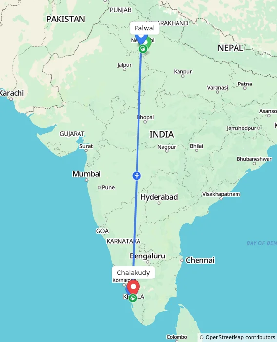 Route map showing distance and travel time from Palwal, India to Chalakudy, India