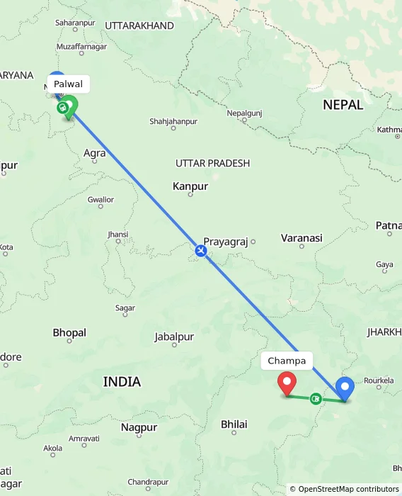 Route map showing distance and travel time from Palwal, India to Champa, India