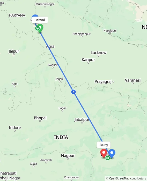 Route map showing distance and travel time from Palwal, India to Durg, India