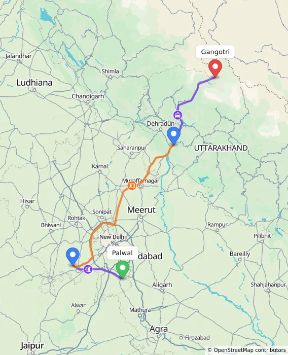 Route map showing distance and travel time from Palwal, India to Gangotri, India