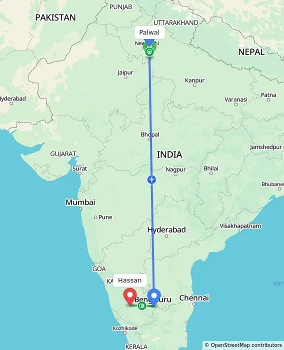Route map showing distance and travel time from Palwal, India to Hassan, India