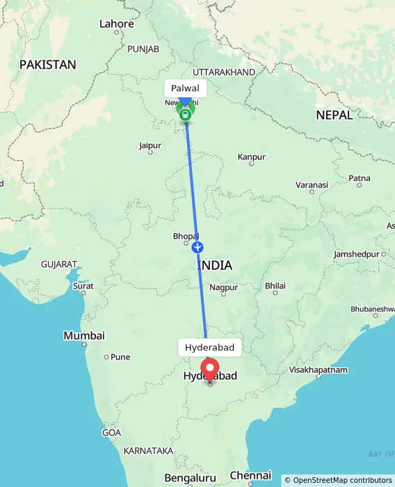 Route map showing distance and travel time from Palwal, India to Hyderabad, India
