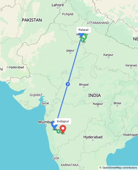 Route map showing distance and travel time from Palwal, India to Indapur, India