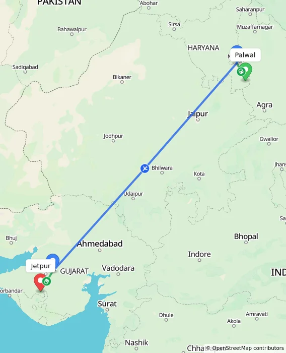 Route map showing distance and travel time from Palwal, India to Jetpur, India