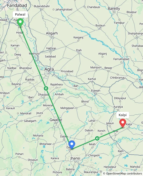 Route map showing distance and travel time from Palwal, India to Kalpi, India