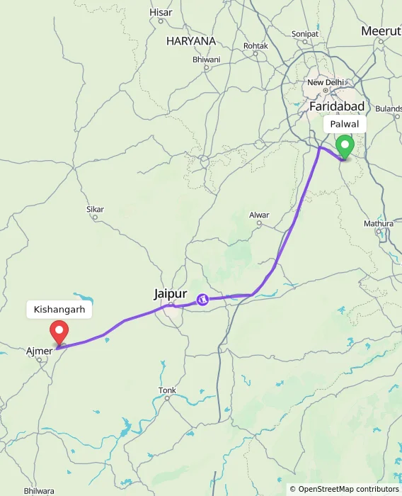 Route map showing distance and travel time from Palwal, India to Kishangarh, India