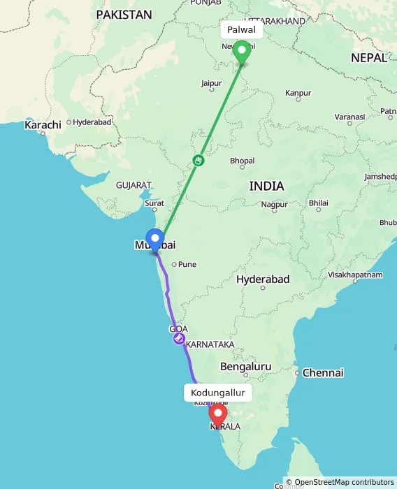 Route map showing distance and travel time from Palwal, India to Kodungallur, India