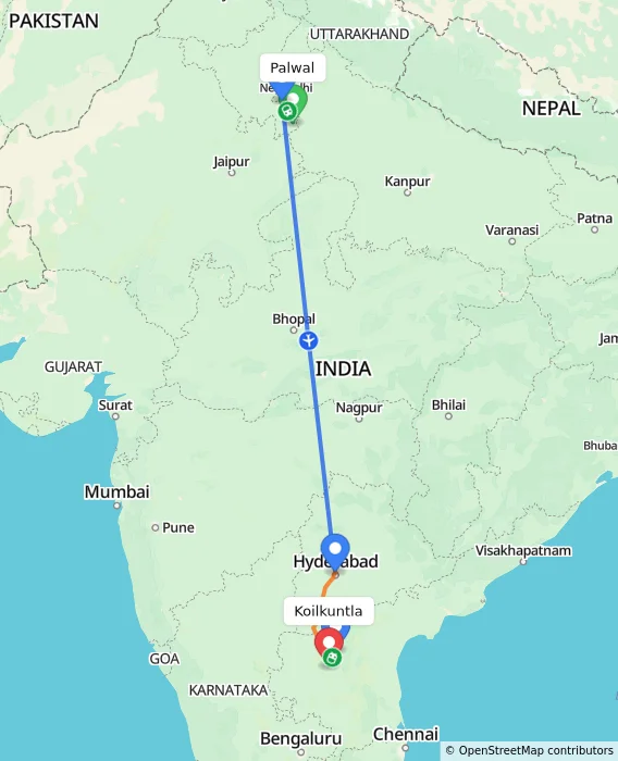 Route map showing distance and travel time from Palwal, India to Koilkuntla, India