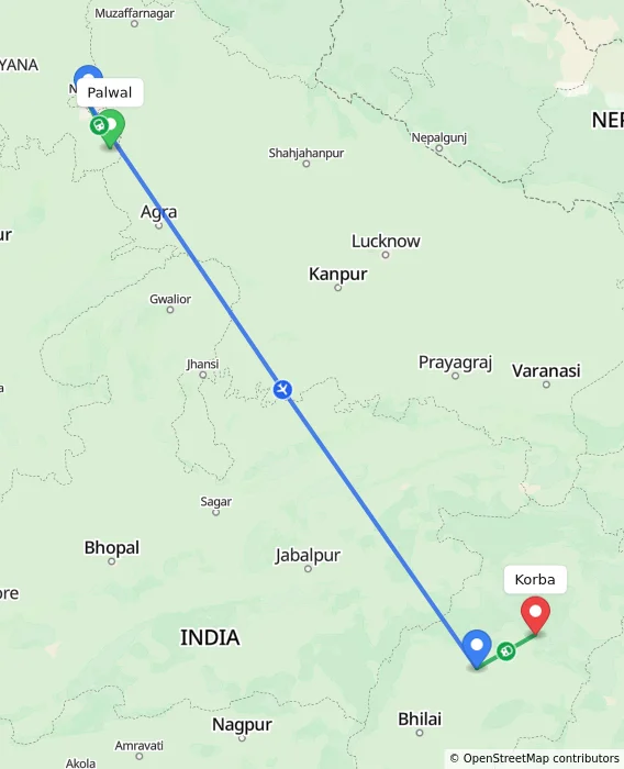 Route map showing distance and travel time from Palwal, India to Korba, India