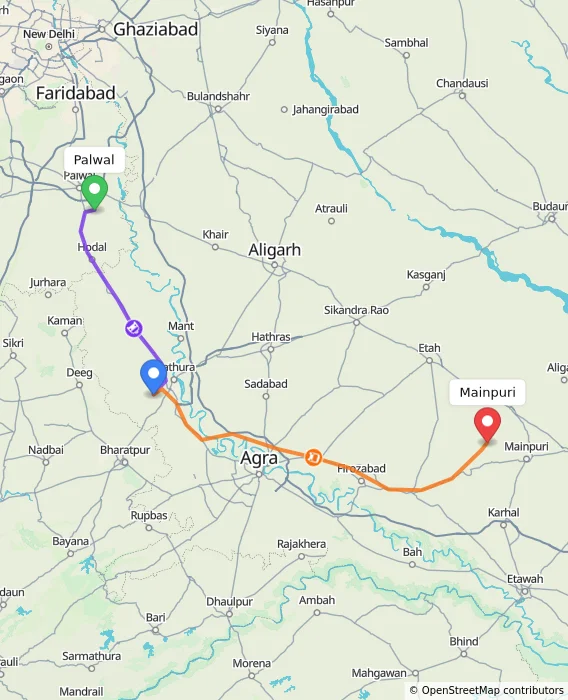 Route map showing distance and travel time from Palwal, India to Mainpuri, India