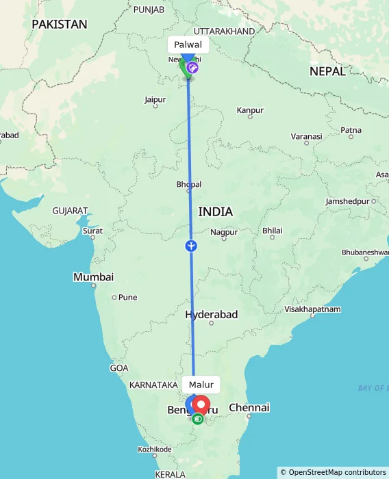 Route map showing distance and travel time from Palwal, India to Malur, India