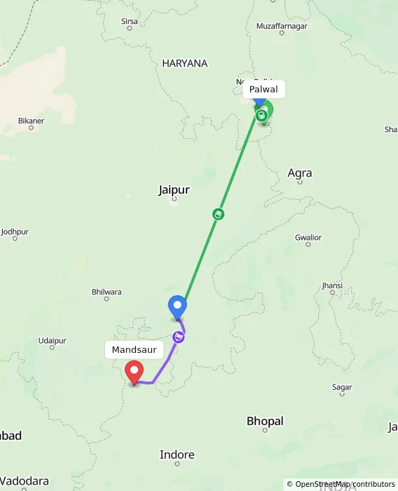 Route map showing distance and travel time from Palwal, India to Mandsaur, India