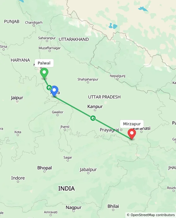 Route map showing distance and travel time from Palwal, India to Mirzapur, India
