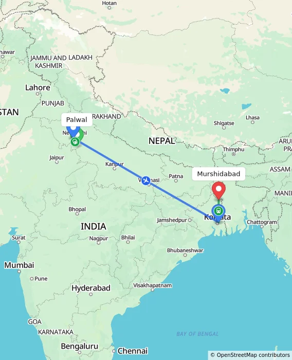 Route map showing distance and travel time from Palwal, India to Murshidabad, India
