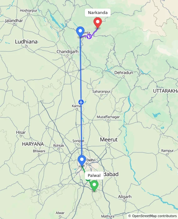 Route map showing distance and travel time from Palwal, India to Narkanda, India