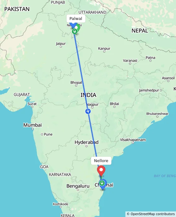 Route map showing distance and travel time from Palwal, India to Nellore, India