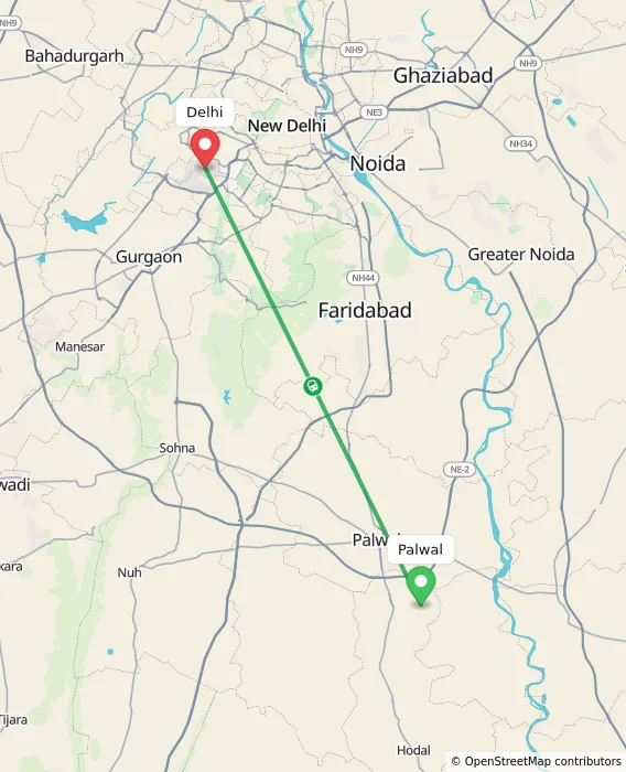 Route map showing distance and travel time from Palwal, India to Delhi, India